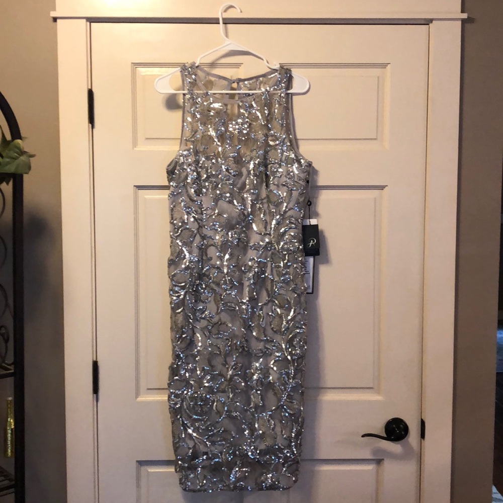 Silver sequin sheath cocktail dress